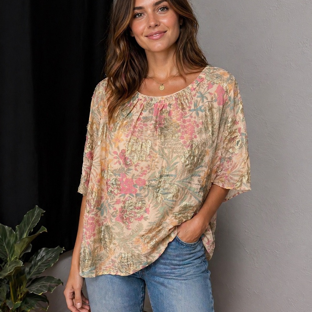 LOFT Floral Metallic Blouse | Size Large | Lined Boho Top